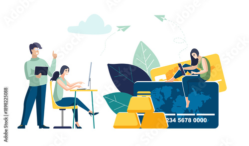People, accumulation of wealth, gold bars, money on a card for payments. Business presentation. Employees, businessmen discuss finances, contract, development, computer, growth. Vector illustration
