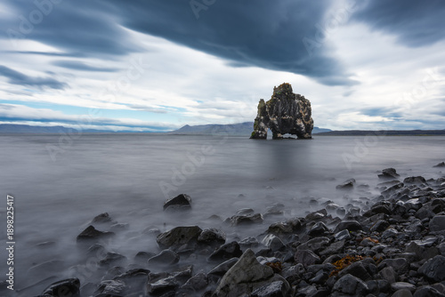 beautiful view of hvitserkur with moving clouds
