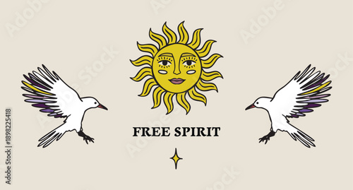 Sun, two flying birds, stars and Free Spirit text, mystical boho, hand drawn