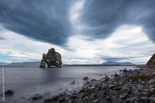 beautiful view of hvitserkur with moving clouds
