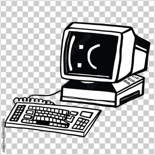 Monochrome illustration of a vintage desktop computer displaying a sad emoticon on its screen, symbolizing system failure, digital frustration, or technological disappointment