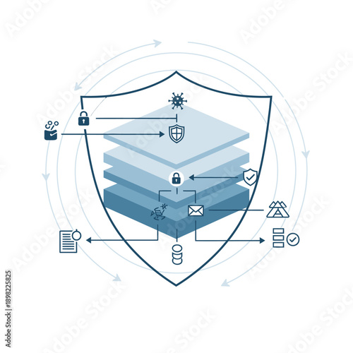 Cybersecurity shield protecting data layers with various security icons.
