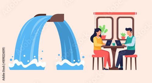 Two people work on laptops in a cafe, near a stylized waterfall