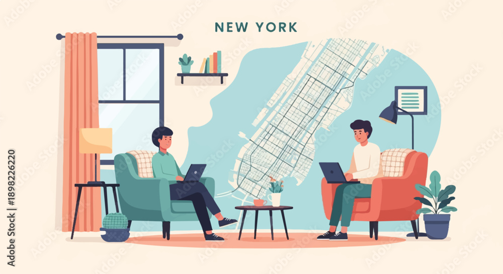 Fototapeta premium Two people work on laptops in a cozy living room with a New York City map backdrop