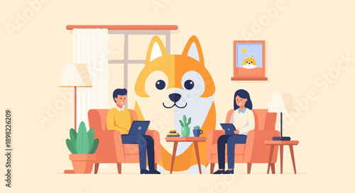 Two people work on laptops in a cozy living room with a large dog illustration