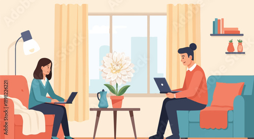 Two people work on laptops in a cozy living room with a large window
