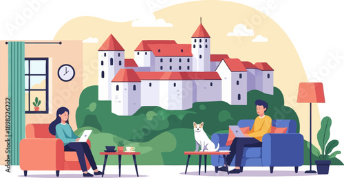 Two people work on laptops in a cozy living room with castle view