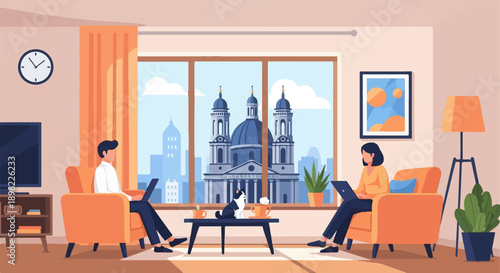 Two people work on laptops in a cozy living room with city view