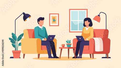 Two people work on laptops in a cozy living room with lamps and plants