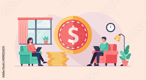 Two people using laptops near a large coin and stacks of money