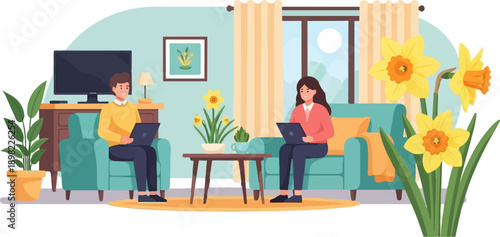Two people work on laptops in a cozy living room with daffodils