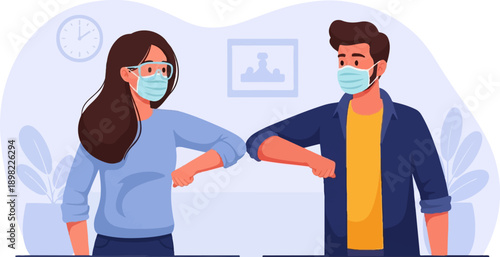 Two people wearing masks bump elbows as a greeting, indoors