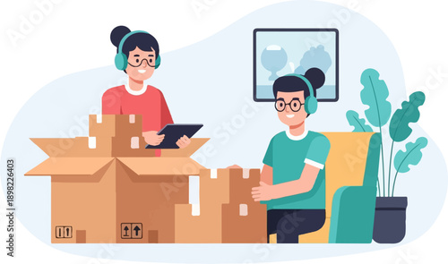 Two people with headphones organize boxes for relocation indoors