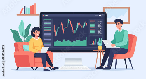 Two people with laptops analyze financial data on a large screen