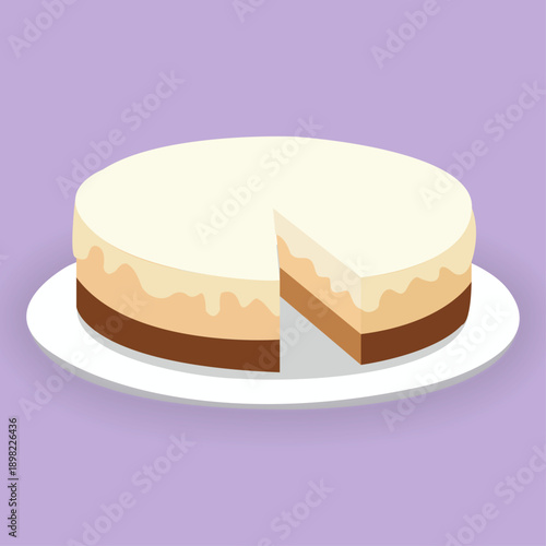 Whole cheesecake on plate with missing slice dessert icon on purple background