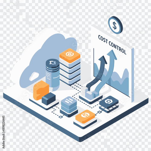 Isometric illustration of cost control concept with financial elements.