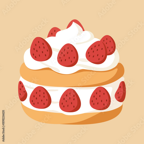 Whole sponge cake with strawberries and cream dessert vector illustration