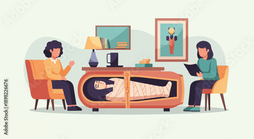 Two people seated in a room with a mummy in a coffin