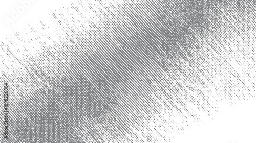 Diagonal grey halftone pattern with distressed texture and scattered dots white abstract