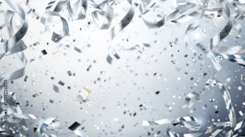 White ribbons and confetti falling with sparkles on light blue celebration background and free place for text. New Year, Christmas, birthday, holiday banner