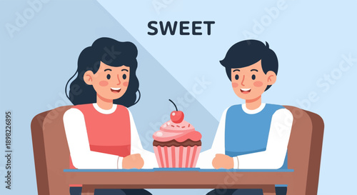 Two people sharing a sweet treat with cherry on top
