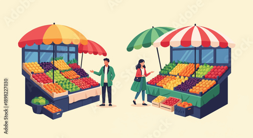 Two people shop at colorful outdoor fruit stands under striped umbrellas