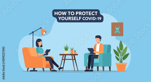 Two people in armchairs read, with plants and artwork present