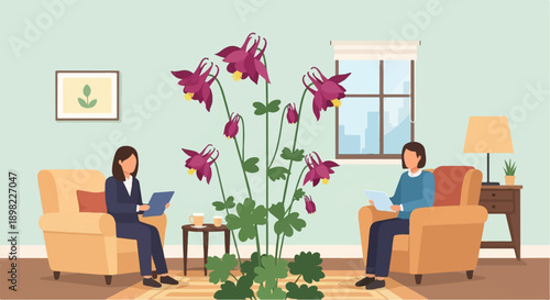 Two people in armchairs reading near a tall flowering plant indoors