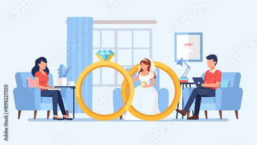 Two people in armchairs with a bride and wedding rings in the middle