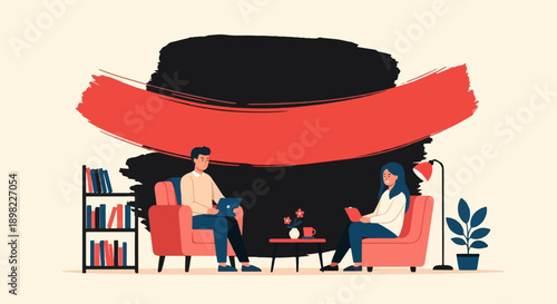 Two people in armchairs with laptops, a bookshelf, and a potted plant