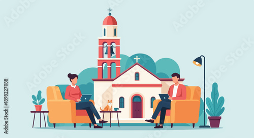 Two people in armchairs with laptops, a dog, and a church background