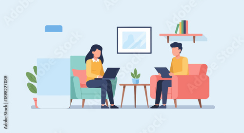 Two people in armchairs working on laptops and tablets indoors