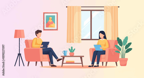 Two people in casual clothing sitting on chairs, each holding a tablet