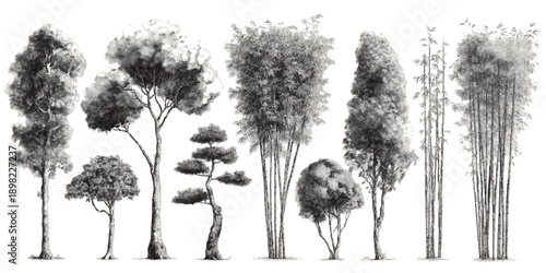 Collection of diverse trees and bamboo stalks rendered in a detailed grayscale ink wash style