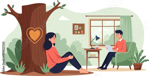 Two people in cozy room, one near a tree with heart, one in armchair