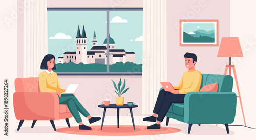 Two people in cozy living room working on laptops with city view