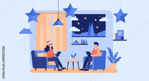 Two people in cozy room with laptops, Christmas hat
