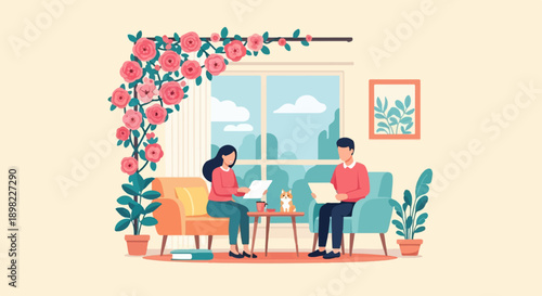 Two people in cozy room with flowers and dog