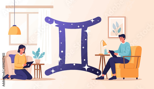 Two people interact with tablets in a room with a large Gemini zodiac symbol