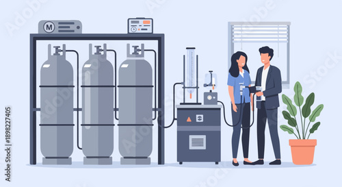 Two people interact with scientific equipment in a laboratory setting