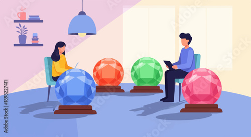 Two people interacting around large crystal balls in a room