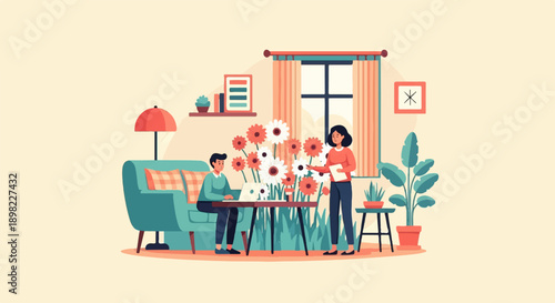 Two people interacting in a room with a couch, table, plants, and flowers