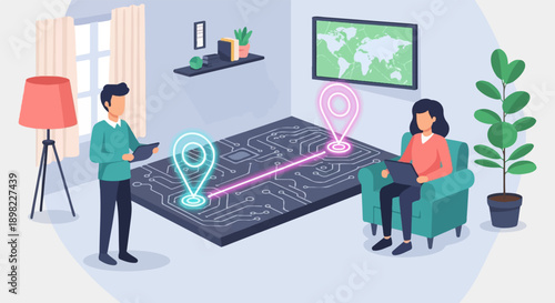 Two people interacting with a digital map projected from a circuit board