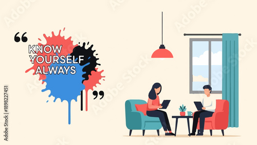 Two people learning on laptops in a room with a quote