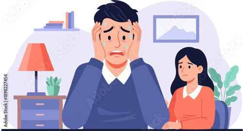 Two people look stressed and worried in an indoor scene