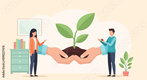 Two people nurture a young plant, symbolizing growth and teamwork