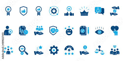 Credibility icon set. Containing reputation, track record, professional, loyalty icon. Dual Tone style