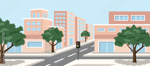 Daytime City Street View with Traffic Light and Modern Buildings. City store building. Storefront. Cityscape. Green city.