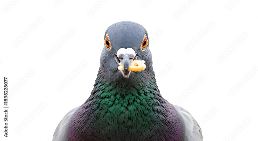 Fototapeta premium Pigeon with vibrant purple and green feathers eating a piece of bread directly facing the camera on a white background
