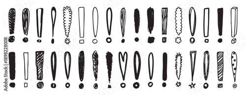 Hand drawn doodle exclamation mark set comic playful ink sketches, varied strokes, rough dots and uneven lines creating energetic monochrome texture ideal for stickers, alerts, posters, UI accents